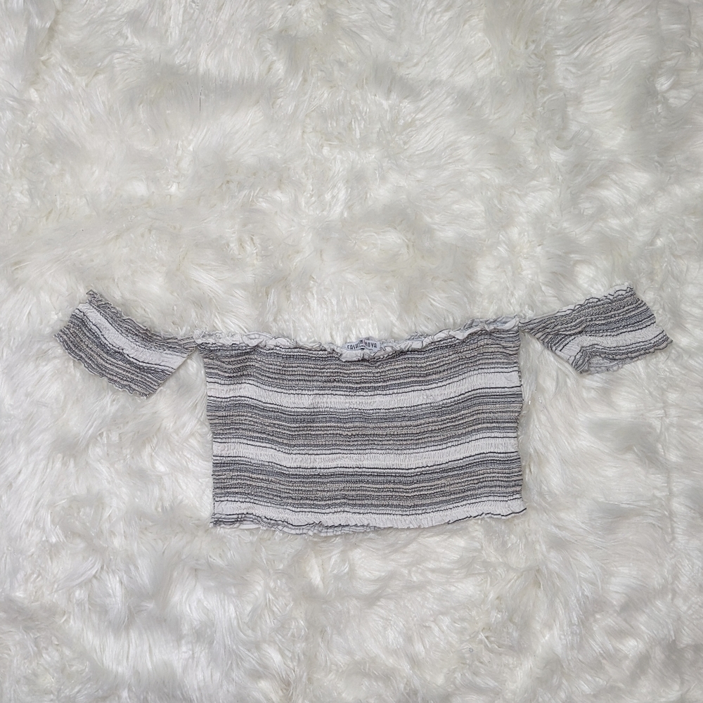 Fashion Nova‎ Off The Shoulder Striped White and Grey Smocked Crop Top Size M